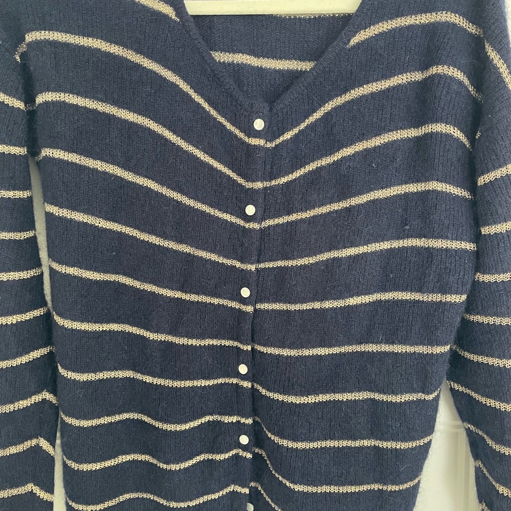 Sezane Navy and Cream Striped Button Cardigan